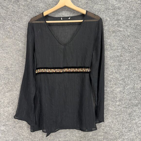 Unbranded Tops - Unbranded Blouse Women M Medium Black Sheer V-Neck Long Sleeve Belted Rhinestone
